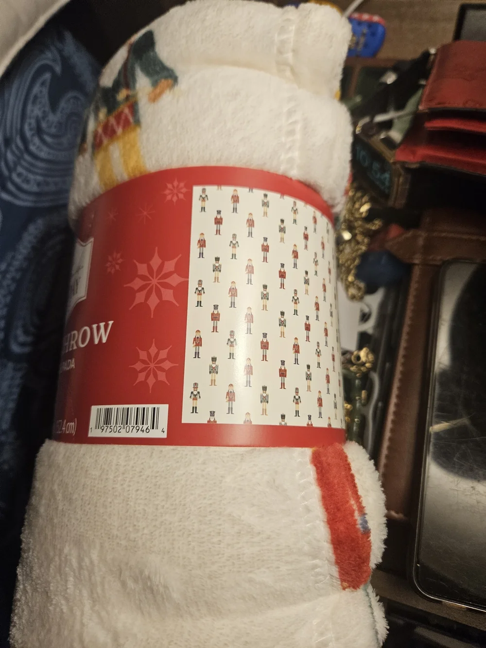 Holiday Time Plush Throw Blanket - White with Nutcracker Accent